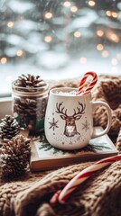 Fototapeta premium Cozy Winter Setup Featuring a Decorative Mug With a Reindeer Design, Pinecones, and Festive Elements Near a Window With Snow and Lights