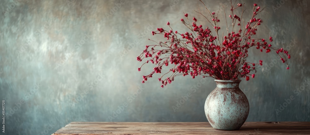 Poster rose red natal grass flowers in vintage vase on rustic table ideal for displaying messages or letter