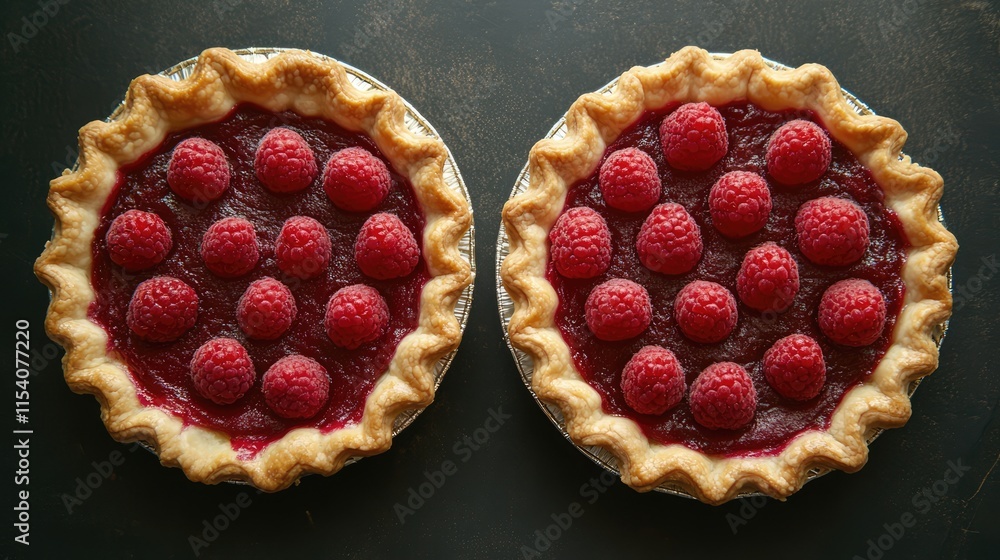 Poster raspberry dessert pies with vibrant toppings displayed on a rustic dark background showcasing culina