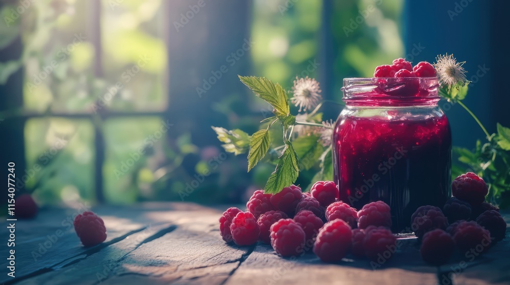 Poster fresh raspberry jam in a glass jar surrounded by vibrant berries on rustic wooden table setting with