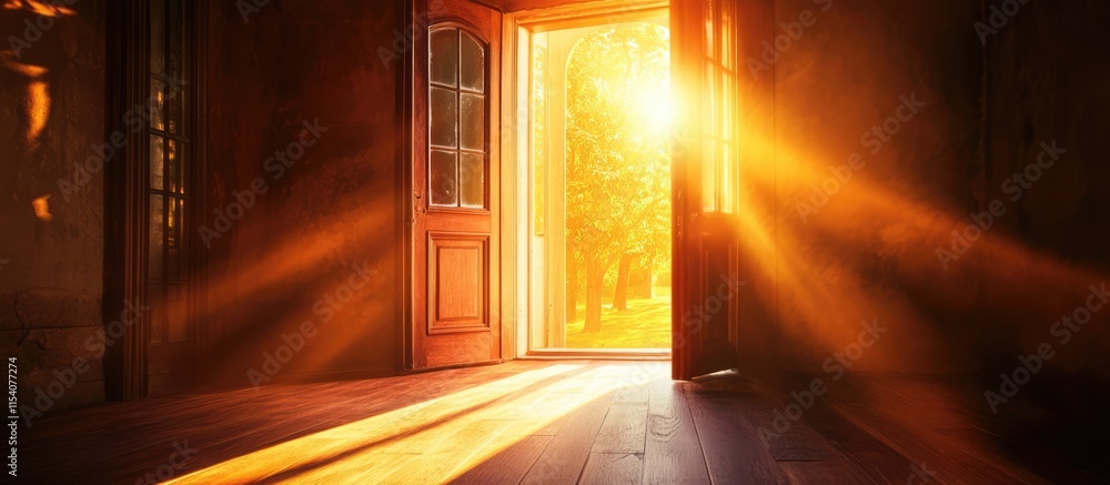 Poster sunlight streaming through an open door illuminating a wooden floor creating a warm and inviting atm