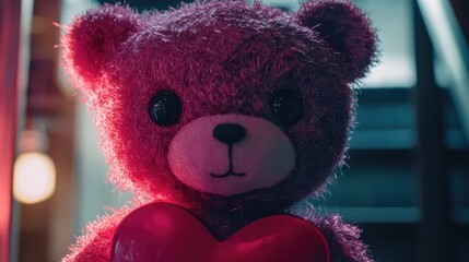 Cute pink bear doll holding a red heart symbolizing love and affection in a cozy setting. Perfect for Valentine's Day or gifts.