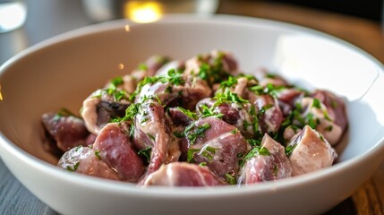 Fototapeta premium Raw chicken gizzards garnished with fresh herbs in a white bowl ready for culinary preparation and cooking techniques