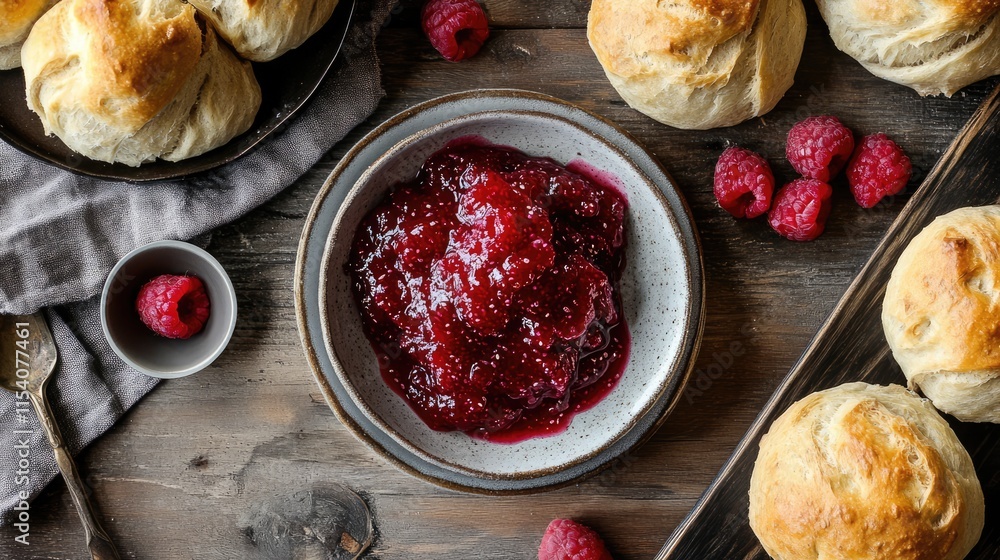 Poster raspberry chia jam served with freshly baked bread rolls on a rustic wooden table setting