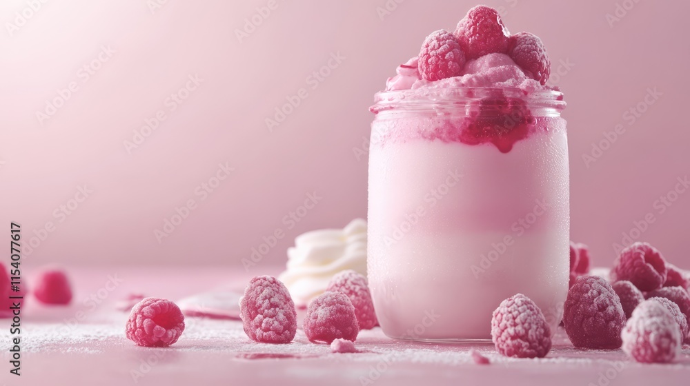 Poster raspberry milk dessert in a glass jar topped with fresh raspberries on a soft pink background with s