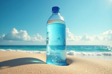 A giant water bottle rises from the sand like a mirage, dreamlike, misty