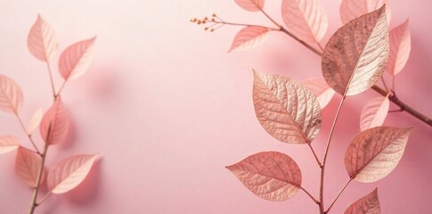 Fototapeta premium A delicate rose gold leaf motif against a soft blush pink backdrop, vintage, metallic