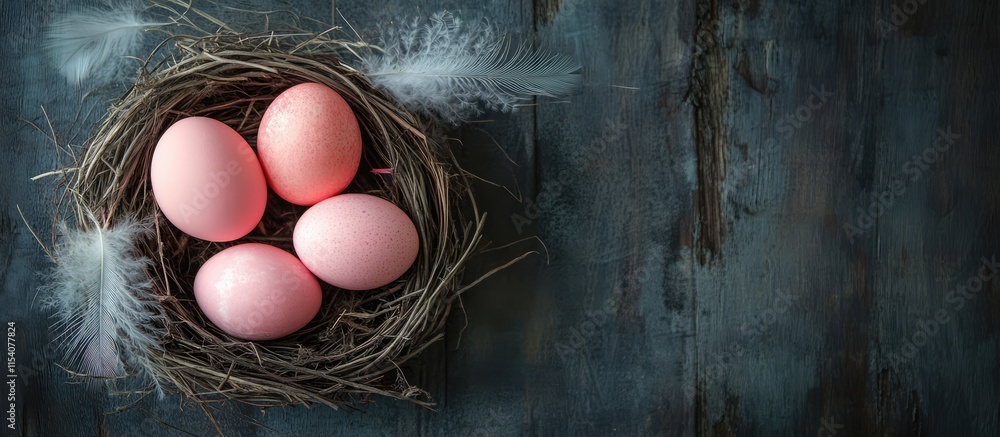 Poster easter eggs in a nest with soft feathers on rustic wooden surface creating a warm and festive spring