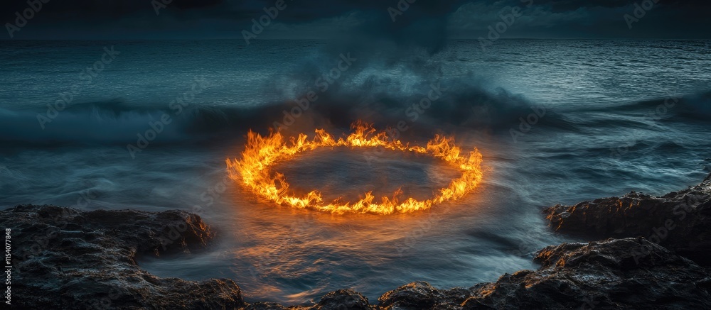 Poster fiery ring formation on a rocky shore illuminated against a dark ocean backdrop creating a dramatic 