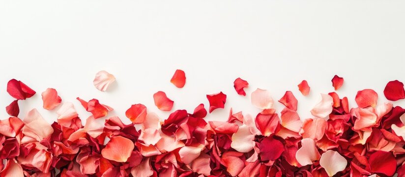 Rose petals in red and pink shades arranged on a white background for a flat lay design with space for personalized text or messages.