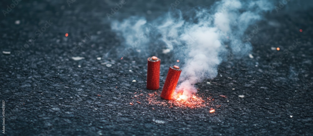 Aufkleber red firecrackers exploding on asphalt with smoke and sparks creating a dramatic festive scene on a c