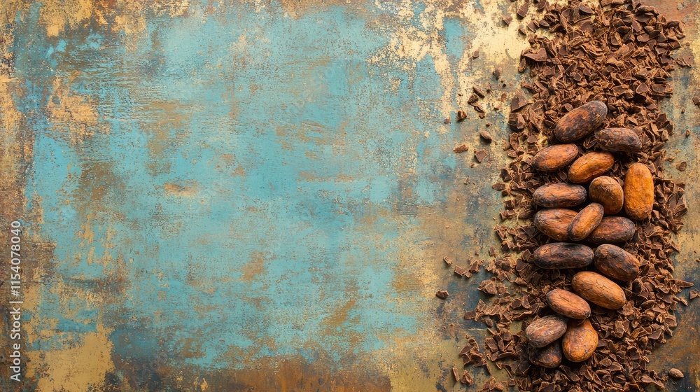 Poster raw cacao nibs and cocoa beans on a vintage textured background showcasing the essence of chocolate-