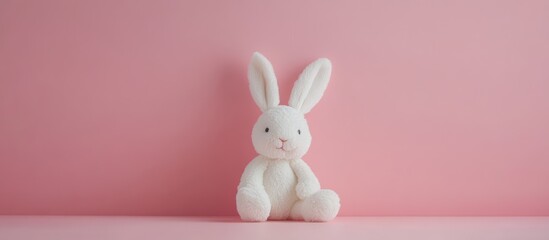 White plush bunny doll sitting on a smooth pink backdrop showcasing a soft and cute aesthetic perfect for children's themes or decor