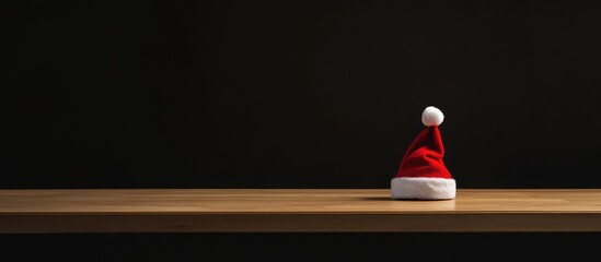 Red Santa Claus hat resting on a simple wooden table against a dark background symbolizing festive holiday spirit and winter celebrations