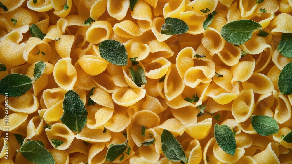 Poster raw macaroni shell pasta arranged harmoniously with fresh herbs creating a vibrant and inviting culi