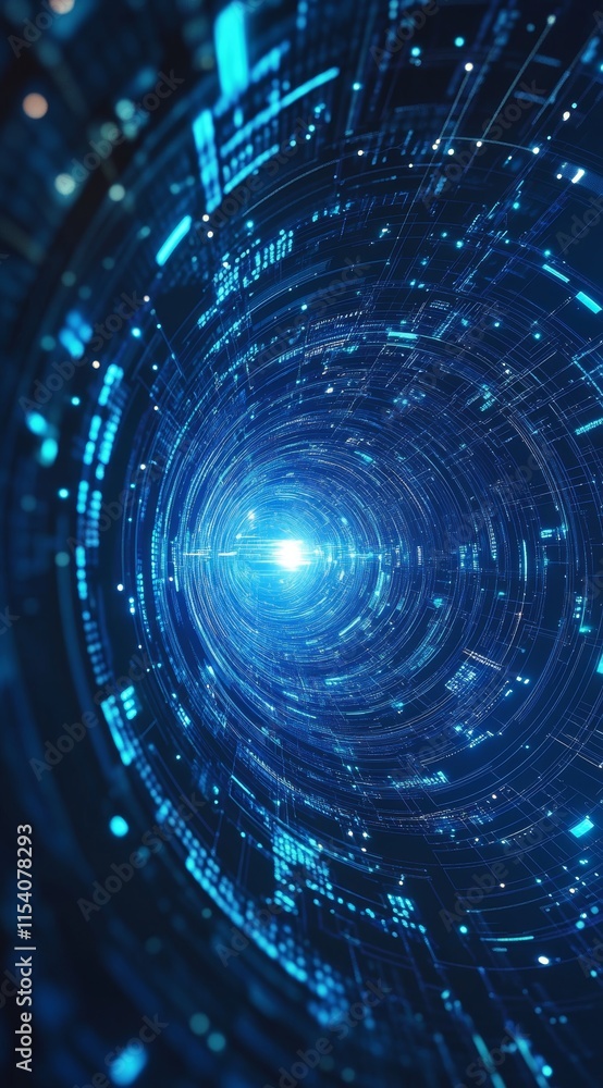 Poster vibrant tunnel of blue lights with intricate patterns illustrating a digital universe at the converg