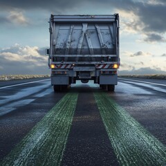 Naklejka premium Grey Rear Garbage Truck Driving into the Distance Leaving Green Tire Tracks