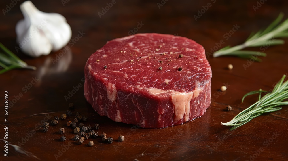 Poster raw beef steak on wooden table surrounded by garlic herbs and spices top view with ample copy space 