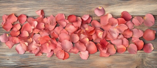 Rose petals scattered on wooden surface creating a romantic backdrop for invitations or greeting cards with copy space for personalization