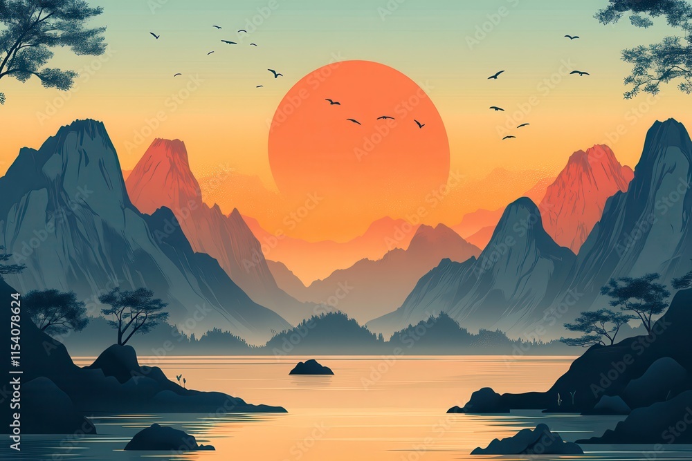 Poster scenic view of a majestic mountain range at sunrise creating a serene landscape with a clear sky. ge