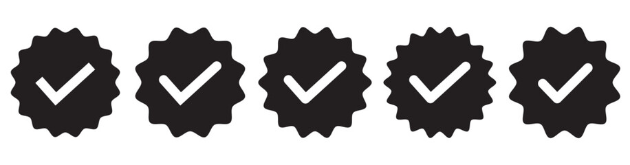 Verified check badge icon collection. Identified blue sticker collection. Set of black medal with tick symbol, Verification icons. Verified badge. Verified badge profile set. Check mark icons.