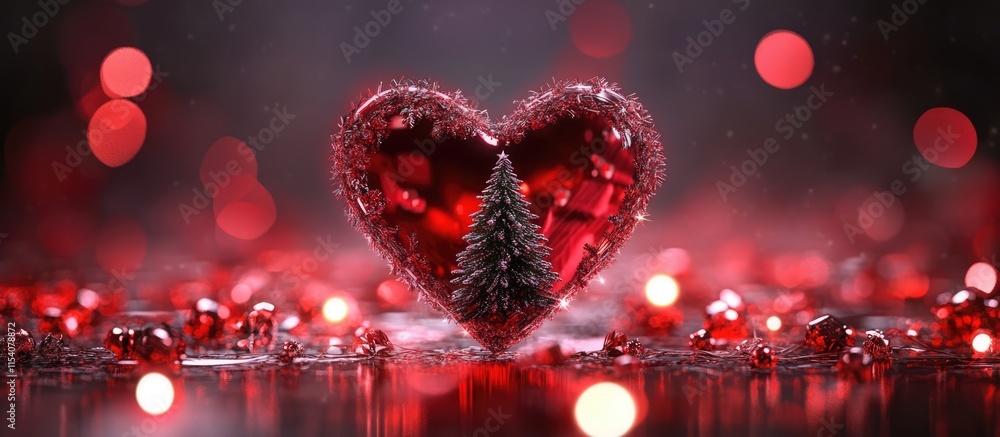 Poster heart-shaped ornament with a miniature christmas tree surrounded by red decorations and soft bokeh l