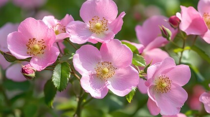 Obraz premium Delicate pink briar flowers blooming in sunlight against a lush green background