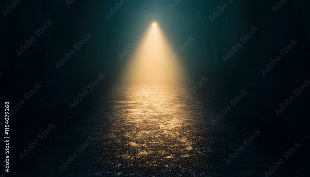Aufkleber Mysterious Light Beam Illuminating Dark Cave With Reflections on Wet Surface in Atmospheric Environment Creating Eerie and Enigmatic Mood for Background or Concept Imagery