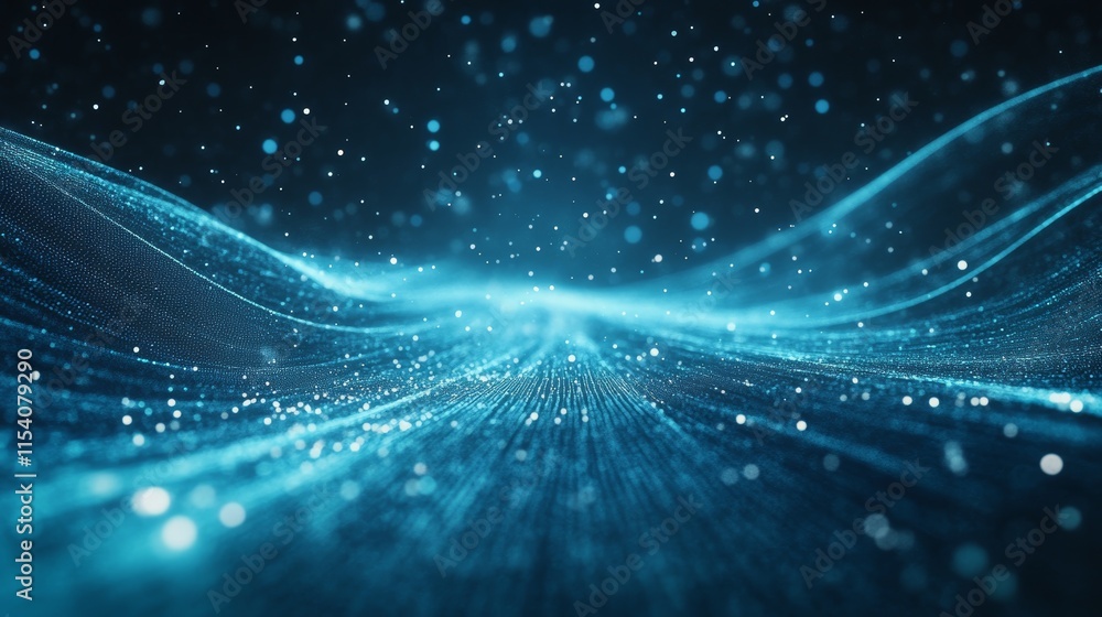 Poster vibrant blue light particles create a mesmerizing wave effect in a digital landscape of glowing text