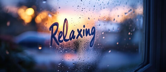 Handwritten Relaxing inscription on a foggy window depicting tranquility and calmness during a winter sunset atmosphere