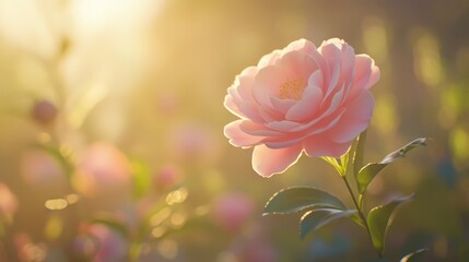 Obraz premium Pink Camellia flower blooming softly in sunlight symbolizing seasonal beauty and tranquility in a vibrant garden setting.
