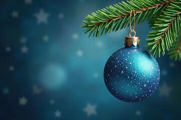 Fototapeta premium Ornaments in shades of blue and silver hanging from a sprig of evergreen, refined, shimmering