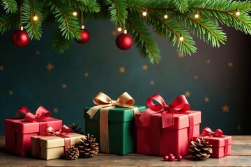 Gift boxes and ribbons under a mistletoe hang, pinecones, festive decorations, holly leaves