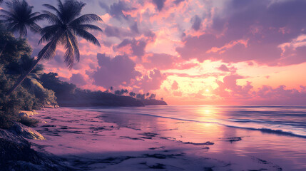 A peaceful morning-after scene showing the beach with traces of the night's party under a pastel sunrise 