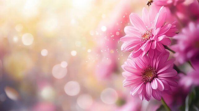 Pink aster flowers in garden with honey bee collecting pollen surrounded by soft bokeh background and natural light effects