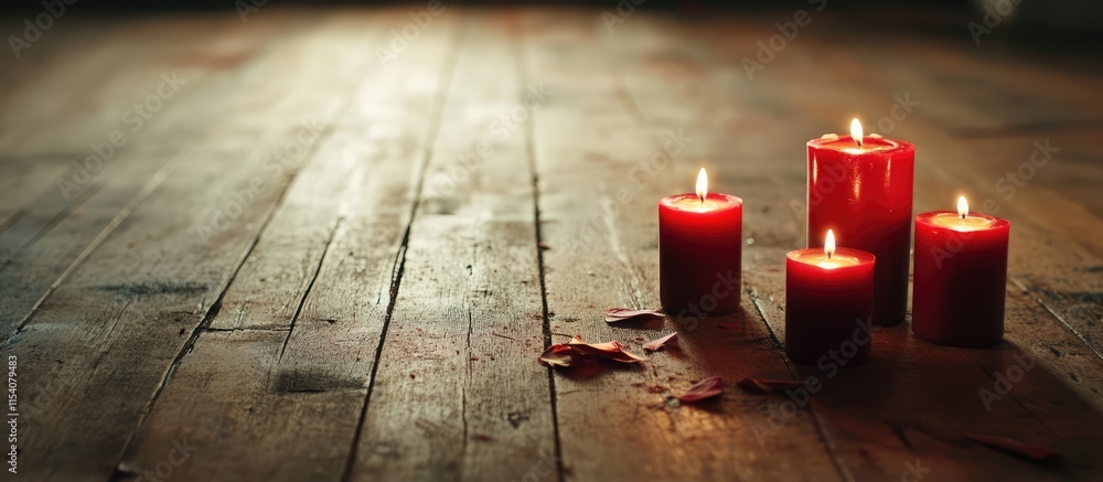 Poster red advent candles gently flickering on a rustic wooden floor with dried leaves creating a warm and 