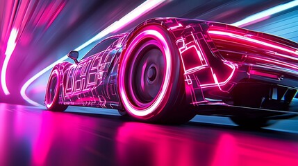 Futuristic Car Driving Through Neon-Lit Tunnel in Urban City