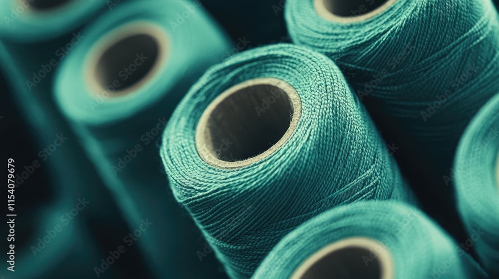 Poster close up of vibrant green thread spools stacked in a visually appealing arrangement showcasing textu