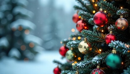Colorful ornaments and garlands hanging from a festive Christmas tree on a snowy winter wonderland scene, holiday decorations, frosty atmosphere, colored ornaments