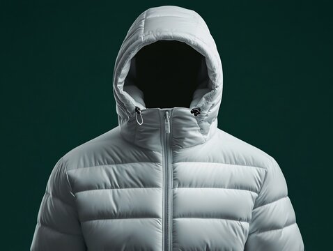 White Matte Down Jacket Mockup on Manequin Against Isolated Dark Green Background