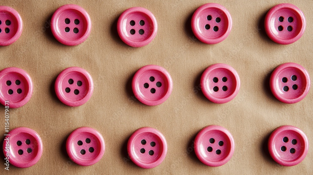 Poster pink buttons arranged on a textured brown paper background creating a visually appealing pattern for