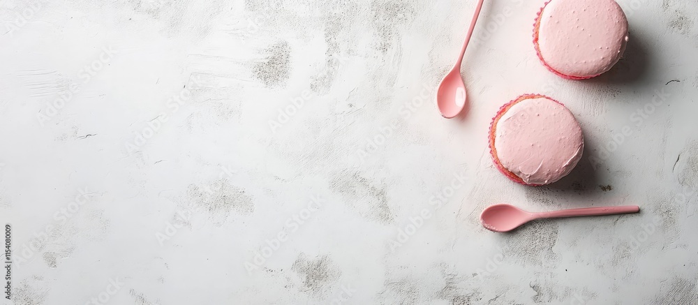 Poster delicate pink cakes with spoons on a textured white surface perfect for adding your personalized tex