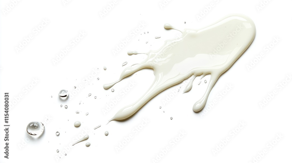 Poster spilled white liquid with droplets on a clean surface isolated on a white background showcasing text