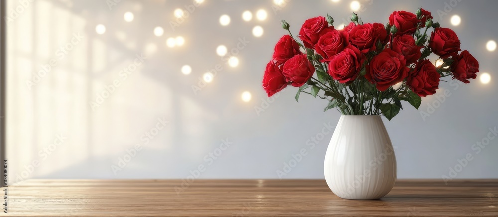 Poster elegant red roses in a white vase on a wooden table with a soft bokeh background creating a romantic