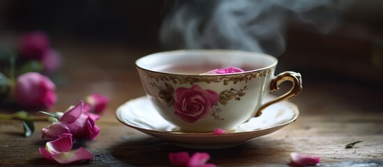 Fototapeta premium Vintage porcelain tea cup with steaming rose tea surrounded by fresh rose petals on rustic wooden background