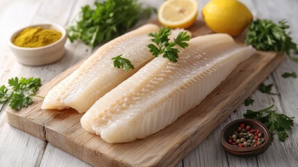 Fresh European bass fillets garnished with lemon parsley garlic spices on rustic wooden cutting board. Perfect for culinary presentations.