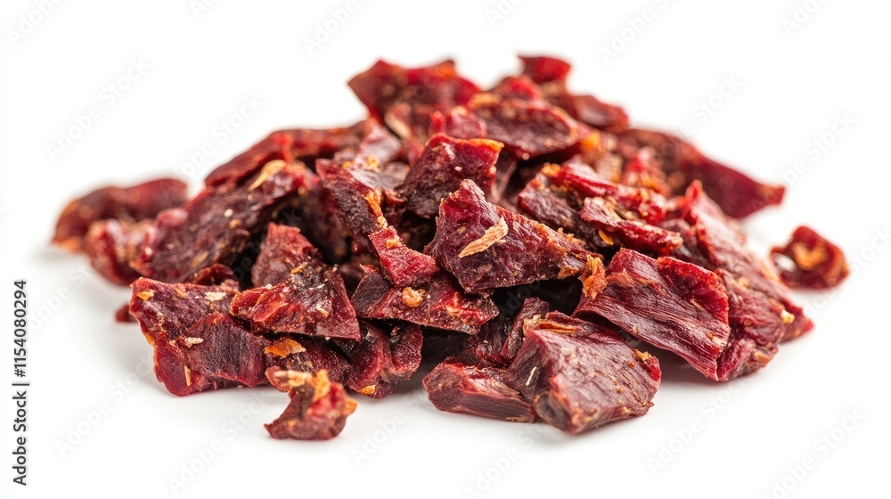Poster chopped dried beef pieces arranged on a white background showcasing texture and color suitable for c