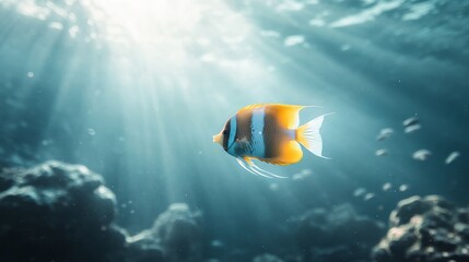 Obraz premium Colorful Fish Swimming in Clear Ocean Waters Illuminated by Sunlight With Coral Structures in the Background