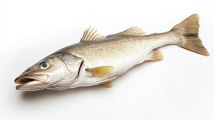 Fototapeta premium Fresh raw cod fish displayed on a clean white background showcasing its natural features and texture for culinary and seafood use.