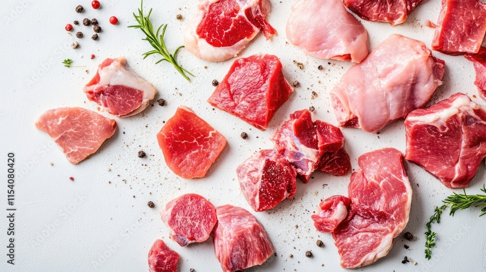 Poster raw assorted meat cuts on a white background ideal for culinary uses showcasing different textures a